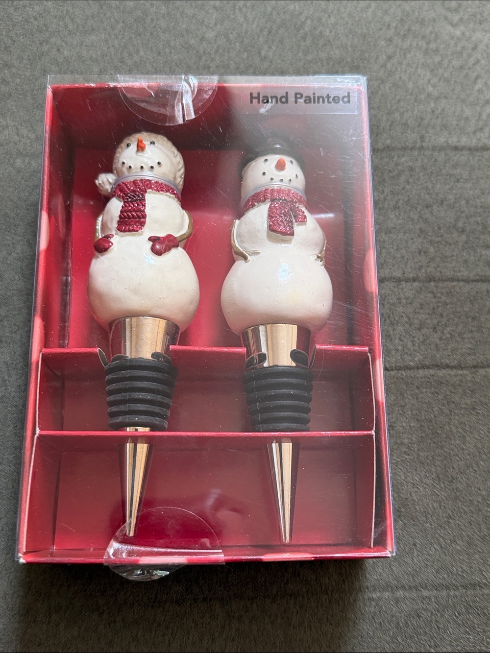 Hand Painted Snowman Wine Bottle Stopper Set, NWT
